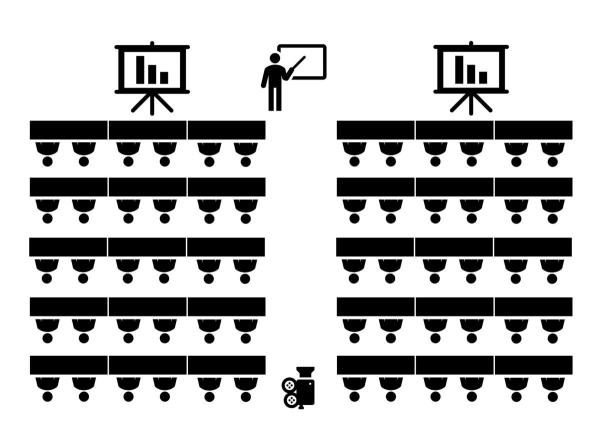Diagram for room setup- 30 tables with 60 chairs set up for a lecture